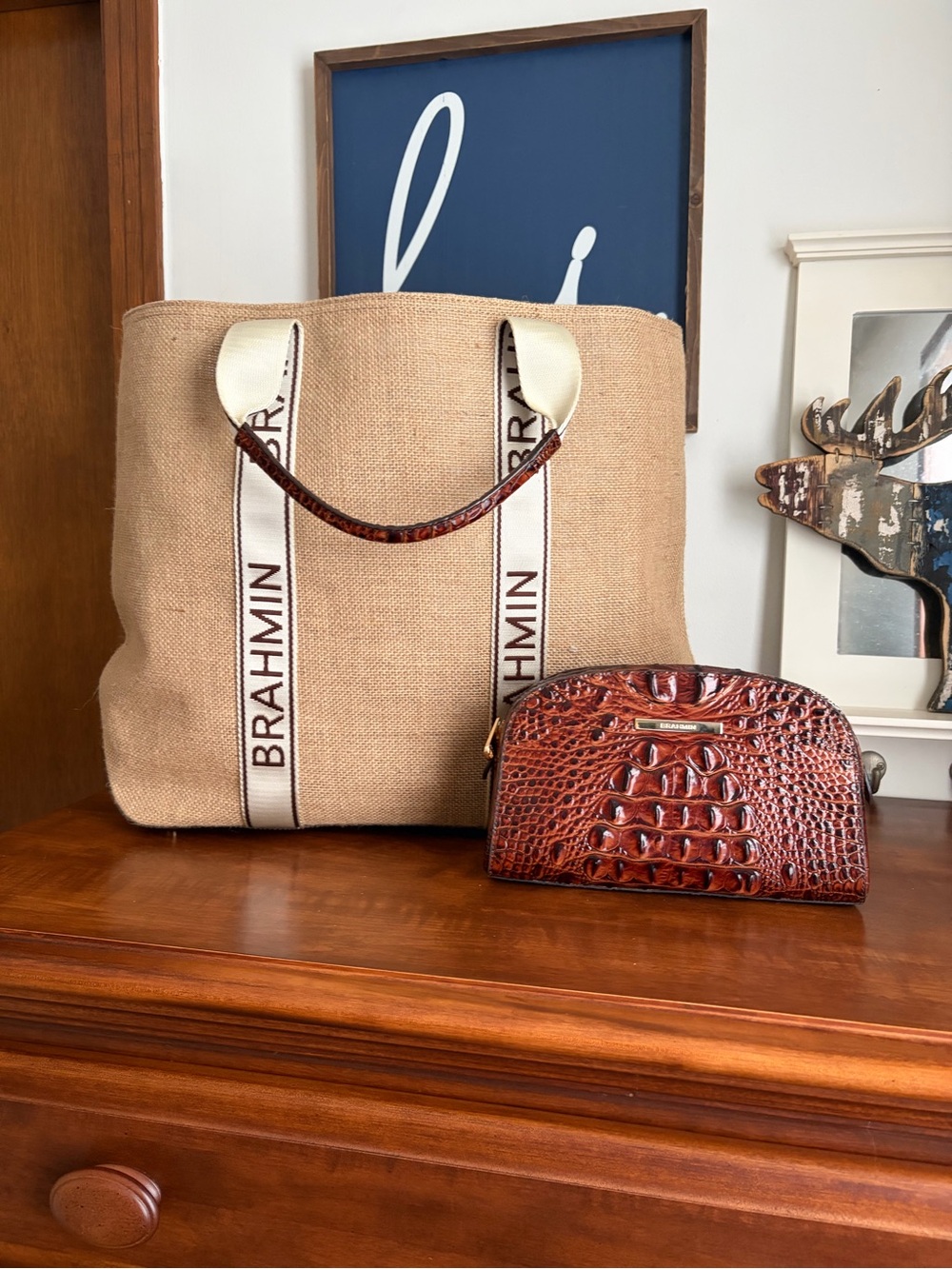 Brahmin Natural Jute Tote with Pecan Croc-Embossed leather and Cosmetic Pouch